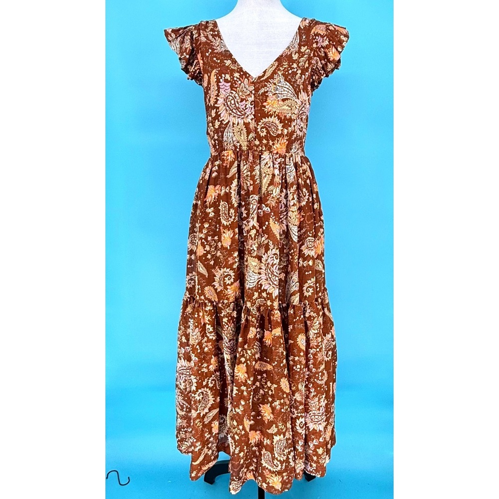 En Saison Brown Paisley Tiered Maxi Dress Ruffle Sleeve V-Neck IES2739D‎ Small